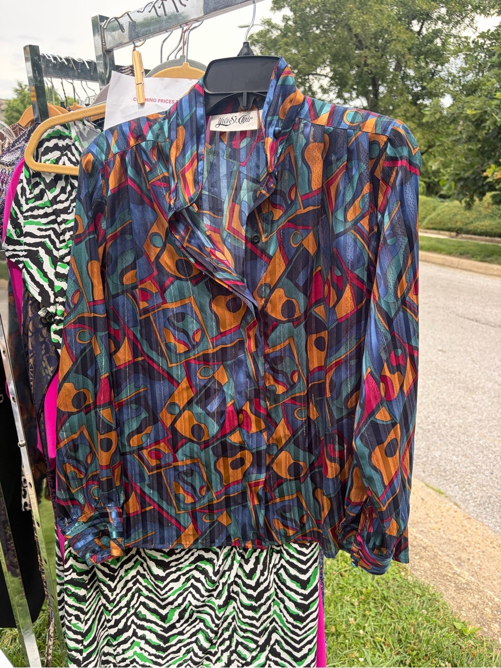 Vintage Multicolor Geometric Blouse - Blue/Gold/Rust Medium